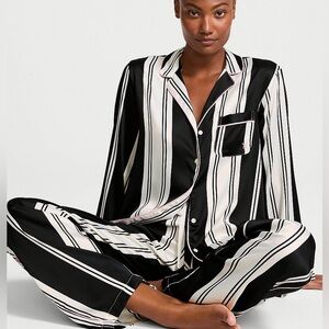 Victoria’s Secret Satin Long Pajama Set Coconut White & Black Stripe Size Medium
